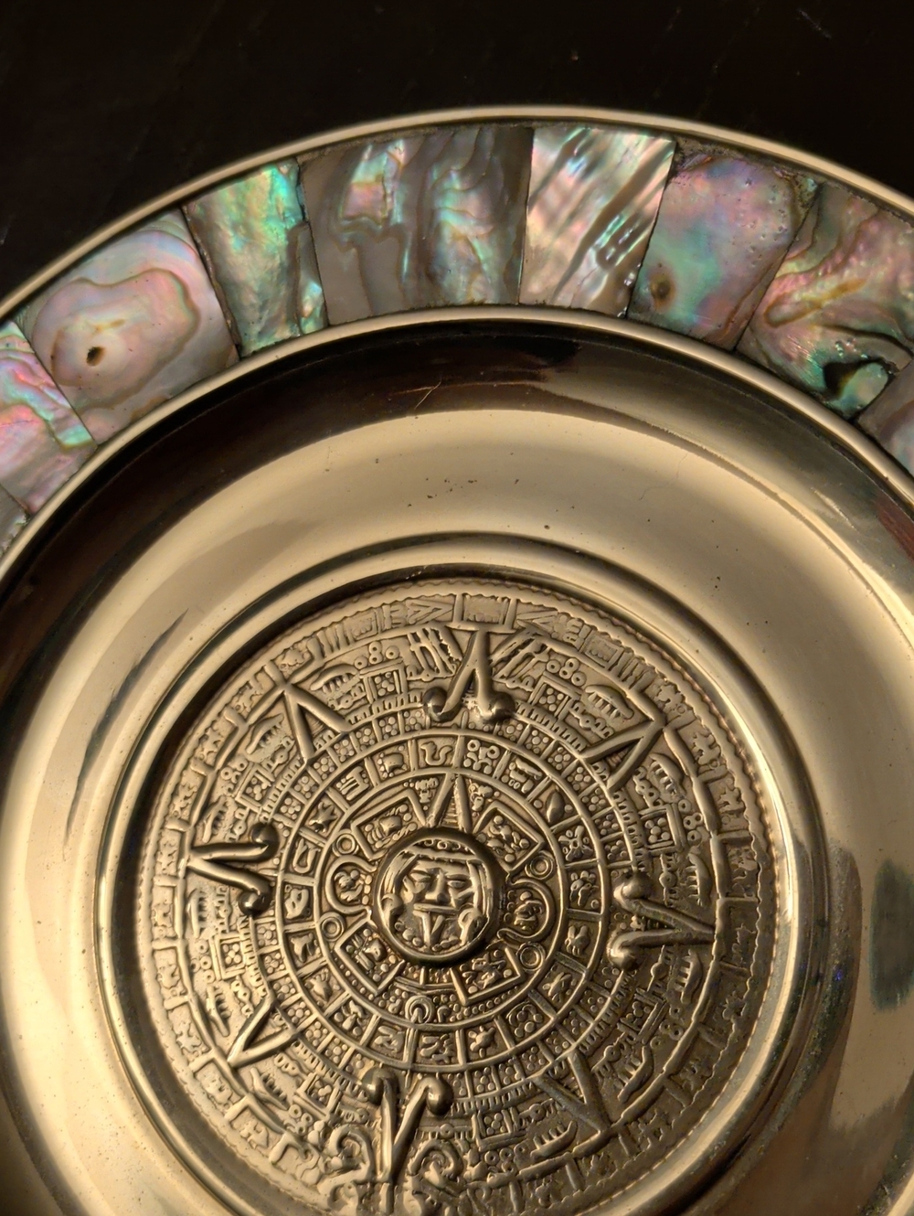 Vintage Mexico Alpaca Silver Gold Wash Abalone Aztec Mayan Calendar Design Cente
